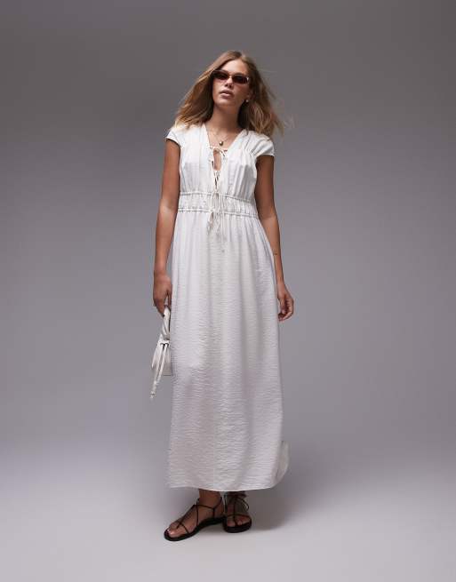 Vestido midi blanco marfil escalonado con lazada delantera de Topshop