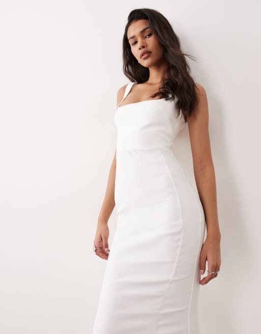 Vestido midi blanco sin mangas de corte sirena con escote cuadrado de bengalina de Vesper, 3 de 4