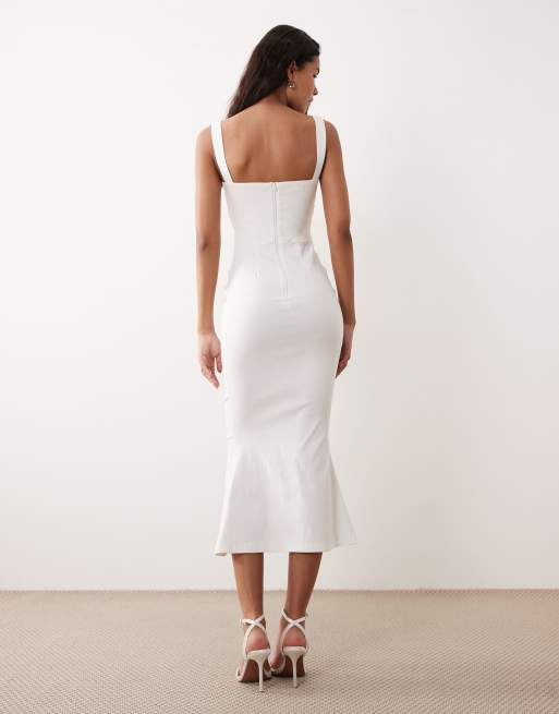 Vestido midi blanco sin mangas de corte sirena con escote cuadrado de bengalina de Vesper, 4 de 4