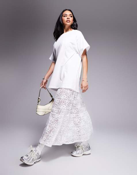 Vestido midi blanco y negro con diseño 2 en 1 de camiseta y falda escalonada de encaje de ASOS DESIGN - view 1