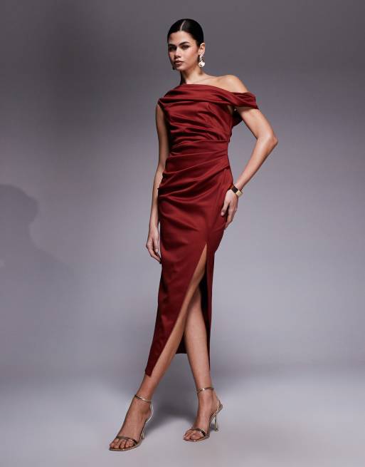 Vestido midi burdeos ajustado con escote Bardot retorcido de ASOS DESIGN