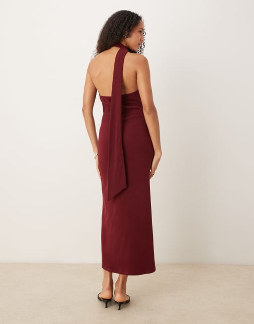 Vestido midi burdeos asimétrico con fular al cuello de ASOS DESIGN, 3 de 4