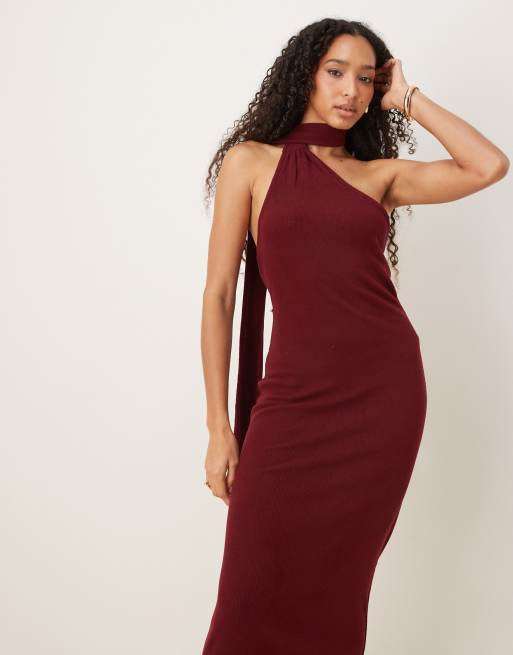 Vestido midi burdeos asimétrico con fular al cuello de ASOS DESIGN, 4 de 4