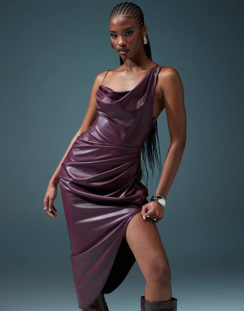 Vestido midi burdeos asimétrico de tirantes con diseño cruzado y drapeado de poliuretano de ASOS DESIGN - view 1