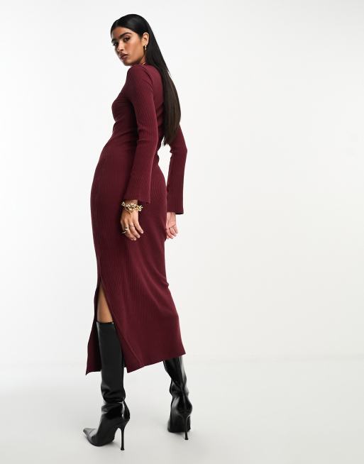 Vestido midi burdeos con cuello subido de tejido muy suave de ASOS DESIGN, 3 de 4