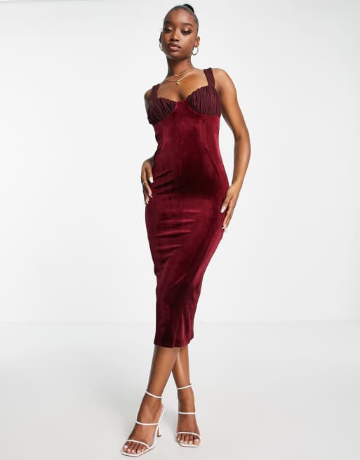 Vestido midi burdeos con detalle de copas y costuras de terciopelo de ASOS DESIGN 