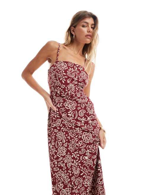 Vestido midi burdeos con estampado de cachemir y detalle de lazada en la espalda de ONLY, 2 de 4