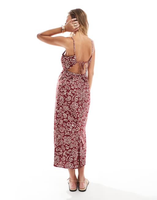 Vestido midi burdeos con estampado de cachemir y detalle de lazada en la espalda de ONLY, 4 de 4