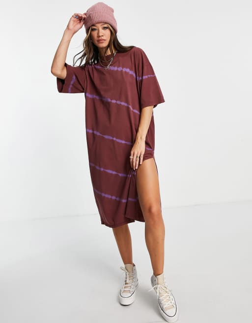 Vestido midi burdeos de estilo camiseta con efecto tie dye de Topshop