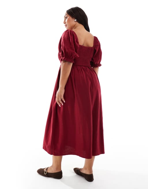 Vestido midi burdeos de estilo mesonera con mangas abullonadas de New Look Curve, 2 de 4
