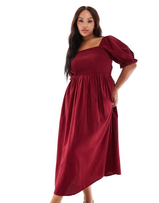 Vestido midi burdeos de estilo mesonera con mangas abullonadas de New Look Curve, 4 de 4