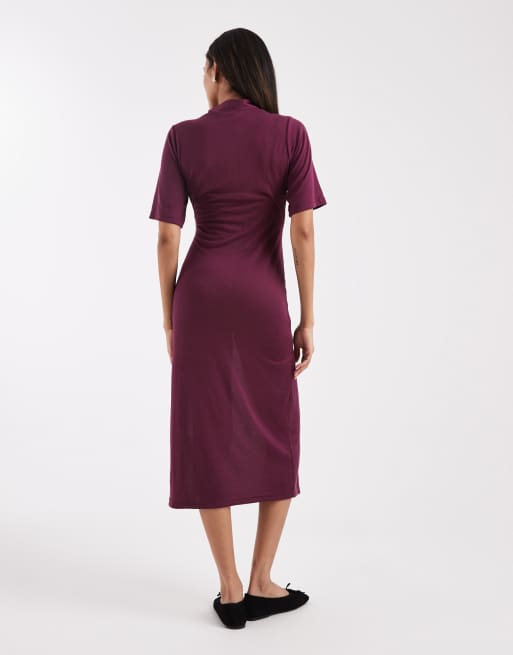Vestido midi burdeos de manga corta con parte delantera cruzada de punto liso de Mamalicious Maternity, 4 de 4