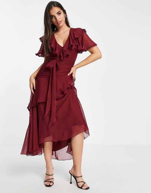 Vestido midi burdeos drapeado con detalle anudado de plumeti de gasa de ASOS DESIGN