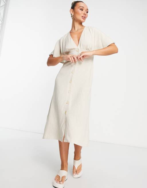 Vestido midi camel abotonado con cuello de pico de lino de Mango