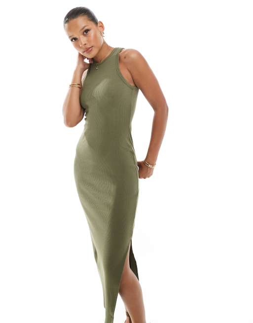 Vestido midi caqui acanalado con espalda de nadadora de New Look, 3 de 4