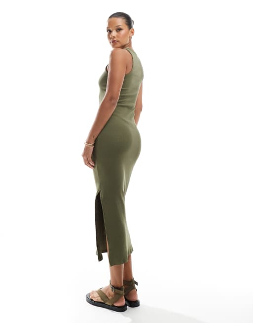 Vestido midi caqui acanalado con espalda de nadadora de New Look, 4 de 4