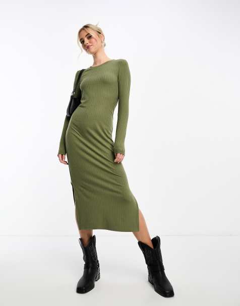 Vestido midi caqui ajustado con cuello ancho de Pieces - view 1