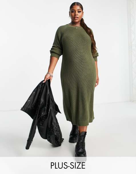 Vestido midi caqui con abertura lateral de punto de Noisy May Curve - view 1