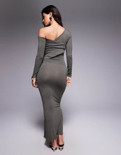 Vestido midi caqui con hombros caídos de tejido doble de ASOS DESIGN, 2 de 4