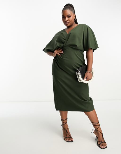 Vestido midi caqui con mangas tipo blusón y detalle plisado de ASOS DESIGN Curve
