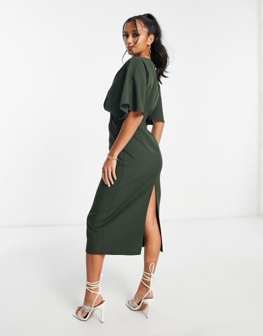 Vestido midi caqui con mangas tipo blusón y detalle plisado de ASOS DESIGN Petite, 2 de 4
