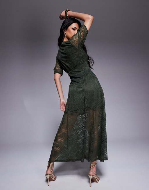 Vestido midi caqui de manga corta con cuello de pico de encaje de ASOS DESIGN, 3 de 4