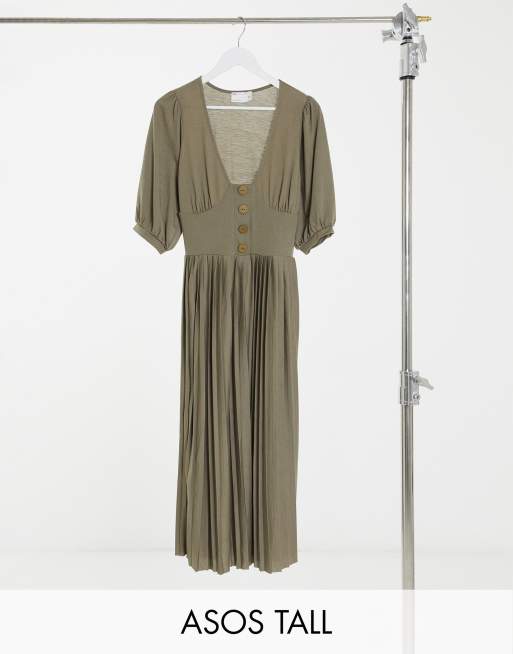 Vestido midi caqui de manga corta con diseño plisado y botones de ASOS DESIGN Tall