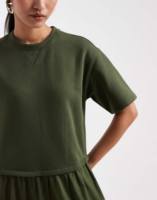 Vestido midi caqui de manga corta de popelina de Threadbare, 4 de 4