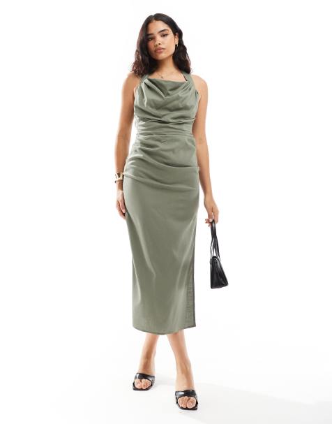 Vestido midi caqui fruncido con cuello halter de ASOS DESIGN - view 1