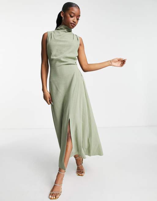 Vestido midi caqui sin mangas con cuello desbocado y espalda al aire de lino de ASOS DESIGN
