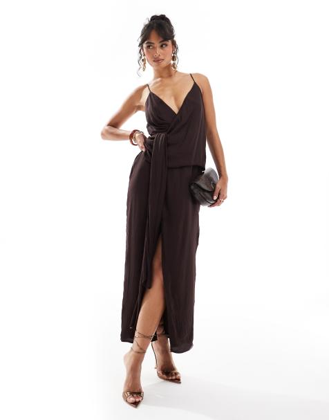 Vestido midi color berenjena de tirantes con detalle recogido drapeado de ASOS DESIGN - view 1