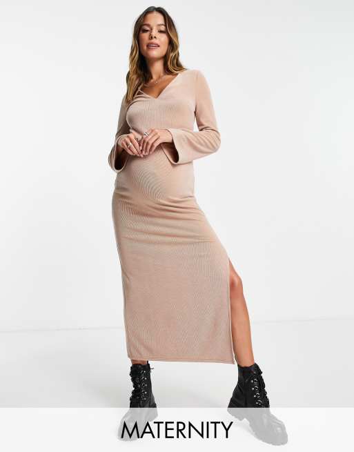Vestido midi color camel estilo jersey con cuello de pico de Topshop Maternity 