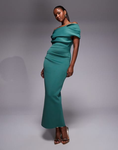 Vestido midi color cerceta fruncido con escote Bardot de tejido efecto neopreno de ASOS DESIGN - view 1