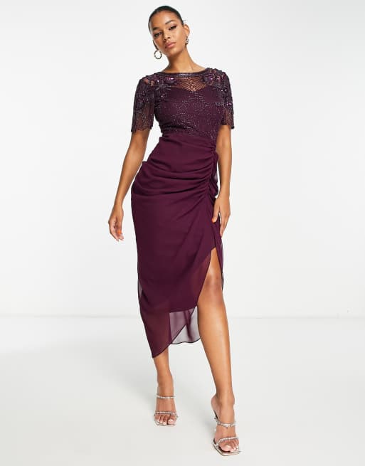 Vestido midi color ciruela con parte de arriba transparente de Virgos Lounge