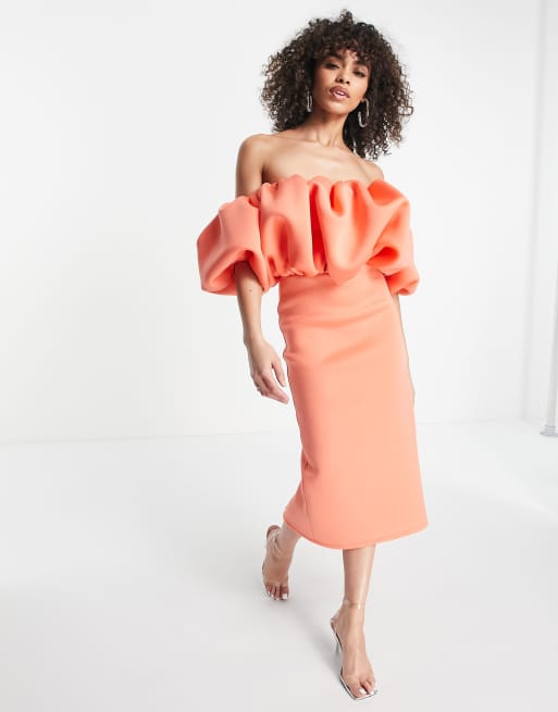 Vestido midi color coral abullonado de ASOS DESIGN