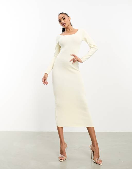 Vestido midi color crema ajustado con espalda escotada de punto fino de Fashionkilla