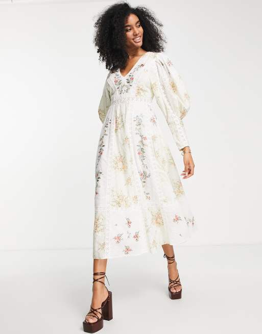 Vestido midi color crema bordado con diseño estampado, cuello de pico e insertos de encaje de ASOS EDITION