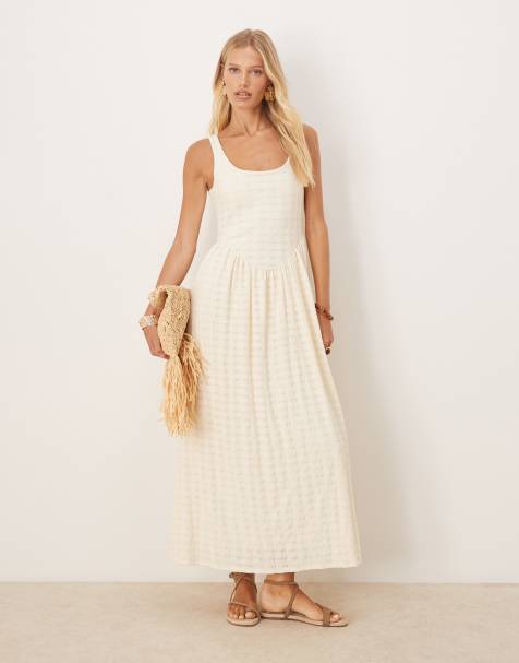 Vestido midi color crema con cintura baja y cuello ancho de tejido texturizado de ASOS DESIGN - view 1