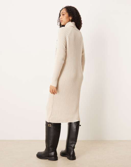 Vestido midi color crema con cuello vuelto de canalé premium de YAS, 3 de 4