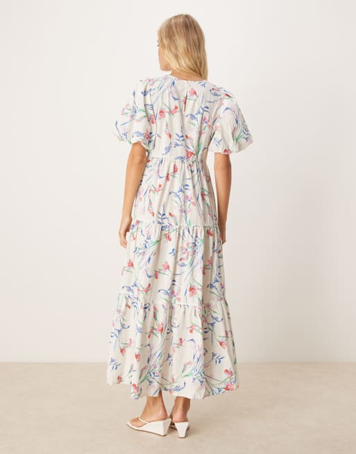 Vestido midi color crema con estampado floral y mangas abullonadas de YAS, 2 de 4