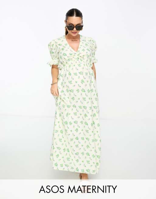Vestido midi color crema de corte amplio con estampado floral verde de algodón de ASOS DESIGN Maternity 