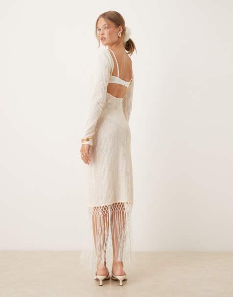 Vestido midi color crema de croché con espalda al aire y ribete de flecos de Amy Lynn - view 1