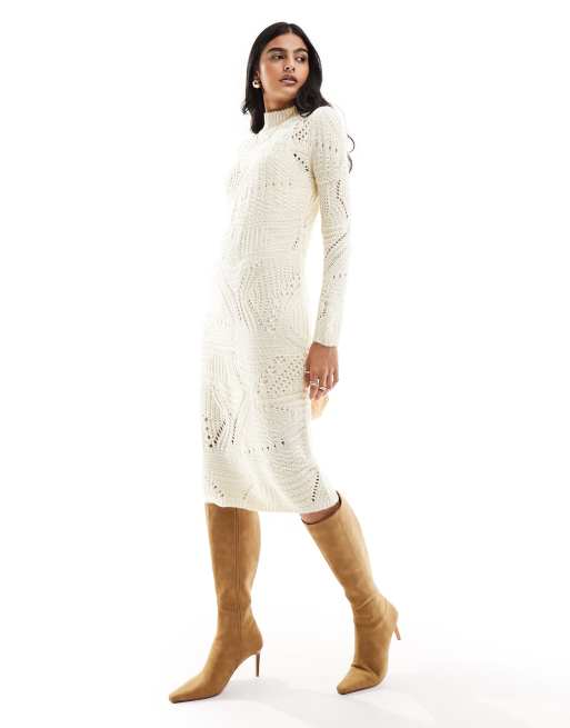 Vestido midi color crema de punto texturizado calado de Vero Moda