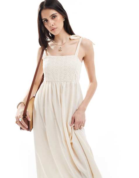 Vestido midi color crema de tirantes anudados con diseño de bordado inglés de Vila - view 1