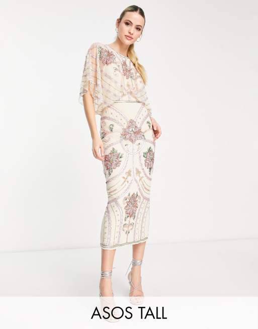 Vestido midi color crema estilo blusón con adornos estilo <em>art nouveau</em> de ASOS DESIGN Tall