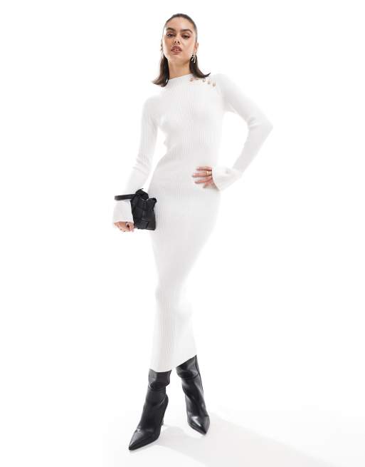 Vestido midi color crema estilo jersey con mangas acampanadas y cuello alto de punto exclusivo de The Frolic   