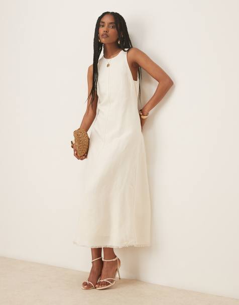 Vestido midi color crema estructurado con bajos sin rematar de mezcla de lino de Mango - view 1