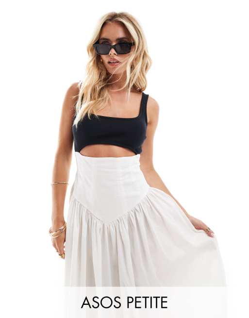 Vestido midi color crema y negro con detalle tipo corsé en la cintura de punto liso de ASOS DESIGN Petite