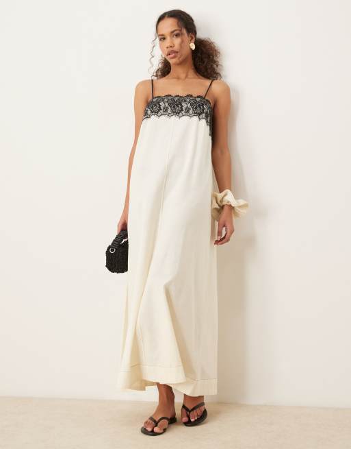 Vestido midi color crudo de tirantes con capa superior de encaje de ASOS DESIGN