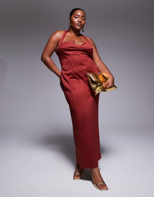 Vestido midi color guinda oscuro con cuerpo estilo corsé estructurado de ASOS DESIGN Curve